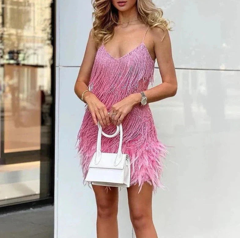 Elegant Fringe Cocktail Dress with Feather Accents for Holiday Parties and Weddings