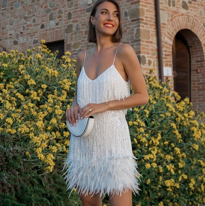 Elegant Fringe Cocktail Dress with Feather Accents for Holiday Parties and Weddings