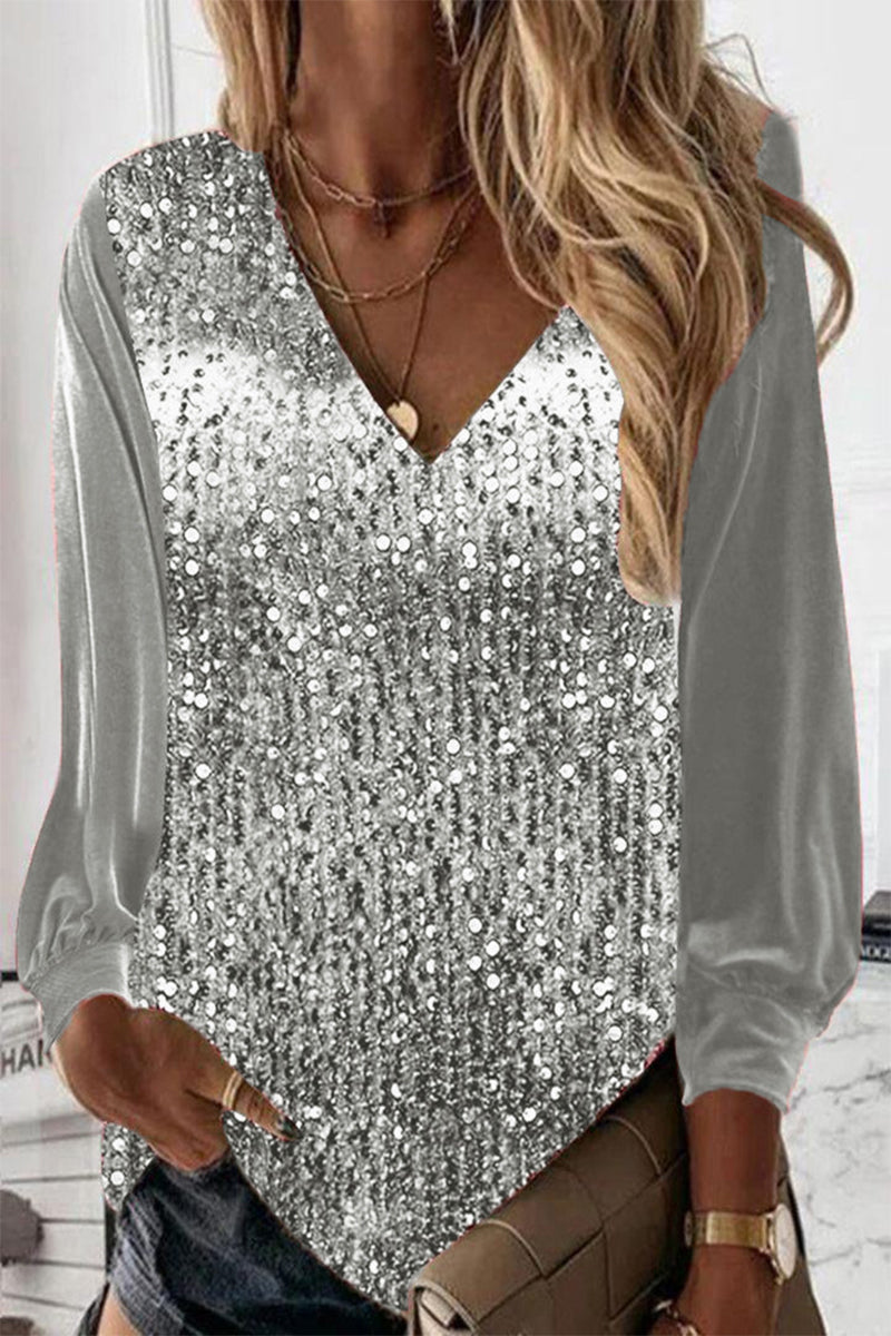 Breathable women’s sequin blouse – V-neck, lightweight material, for festive occasions