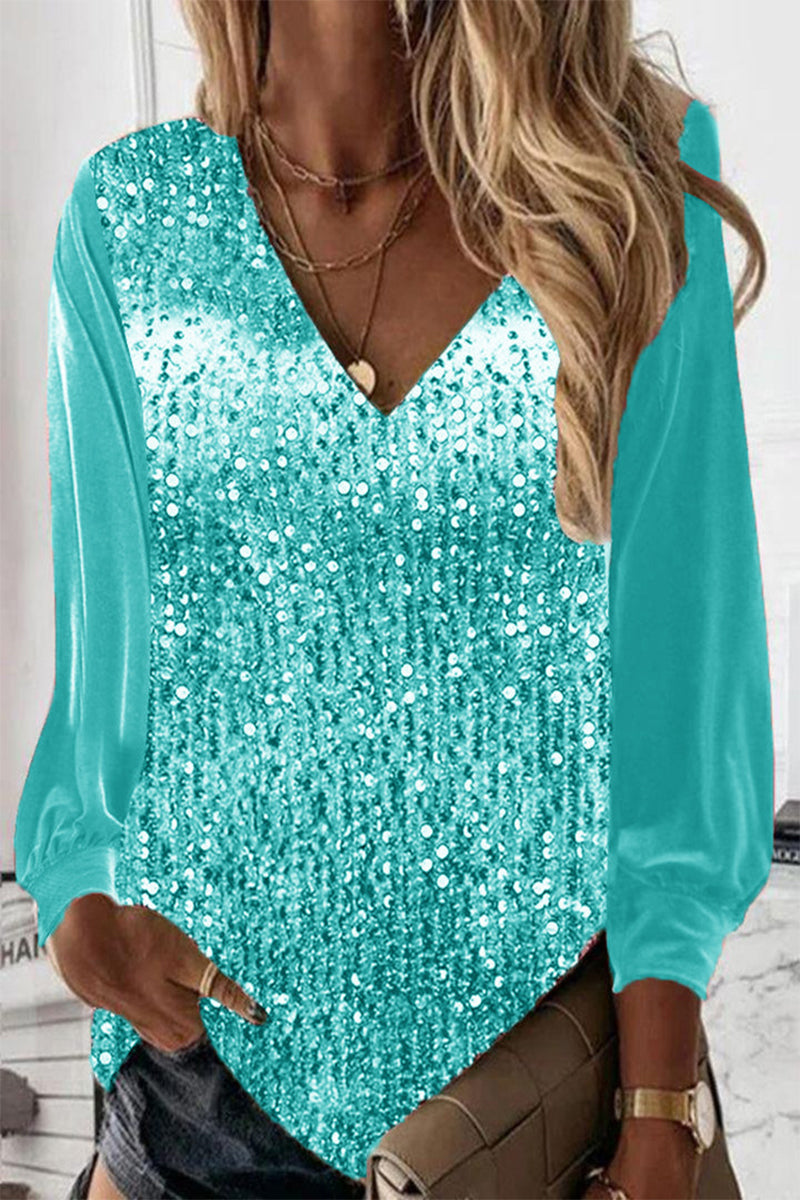 Breathable women’s sequin blouse – V-neck, lightweight material, for festive occasions