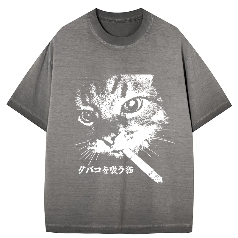 bbb Retro Cat Smoking Gradient Washed T-Shirt