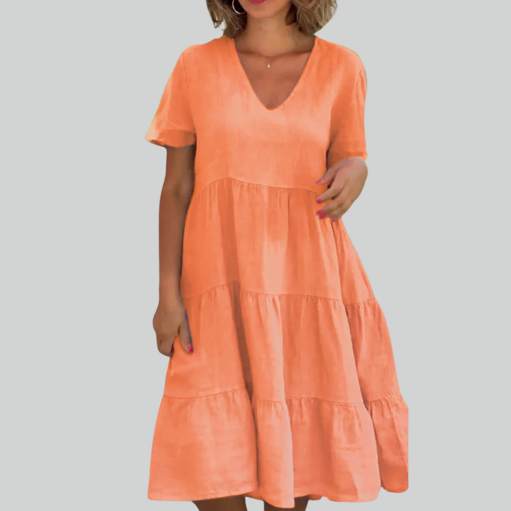 Cotton Linen Casual Women's Dress - Short Sleeve V-neck Swing Summer S-5XL