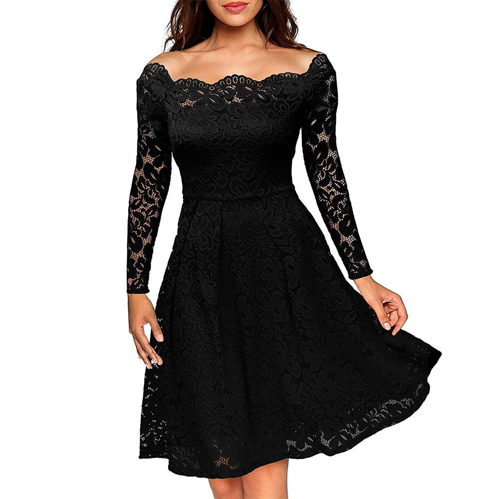 Elegant Off-Shoulder Lace Dress for Women, Vintage Floral Formal Dress for Weddings and Cocktail Parties