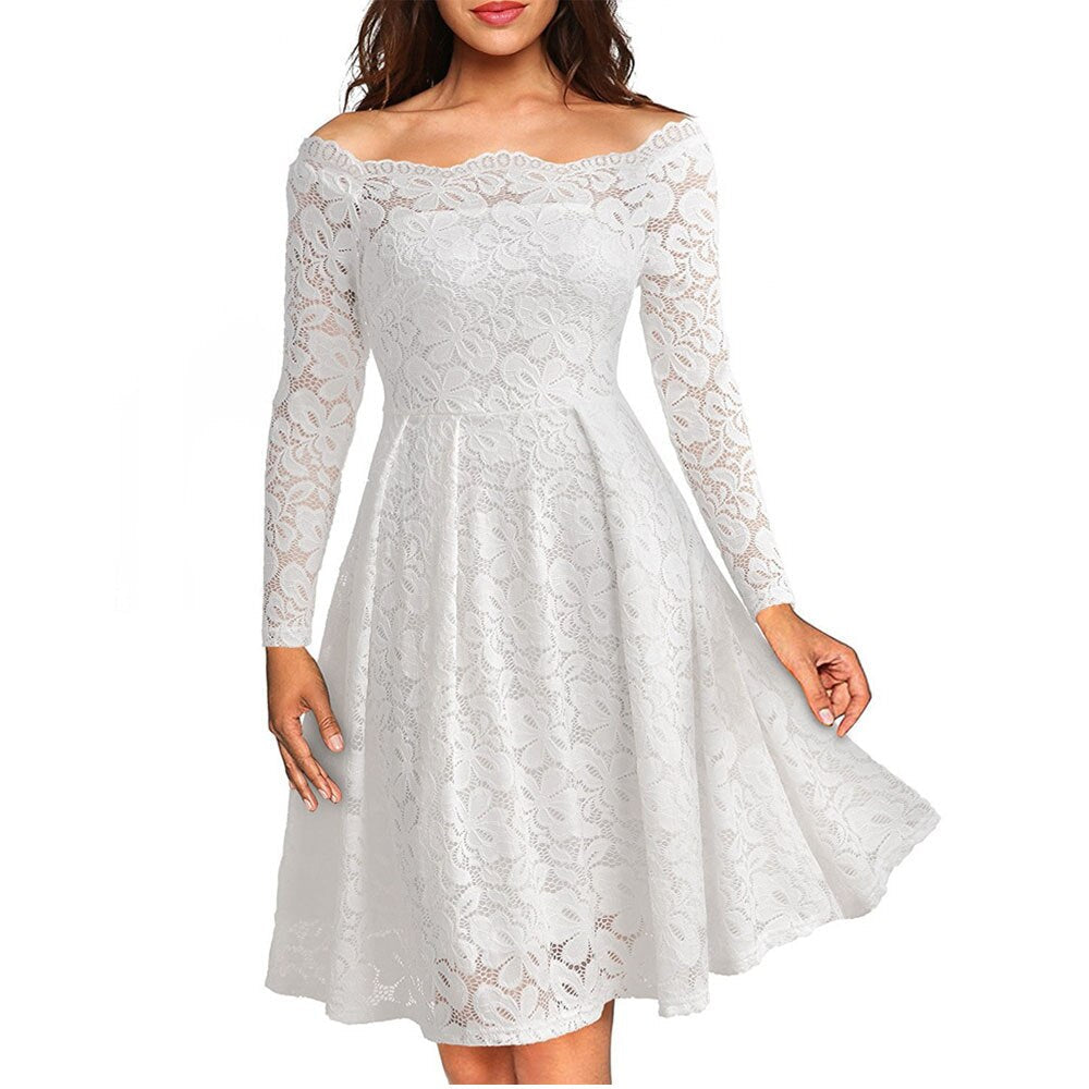 Elegant Off-Shoulder Lace Dress for Women, Vintage Floral Formal Dress for Weddings and Cocktail Parties