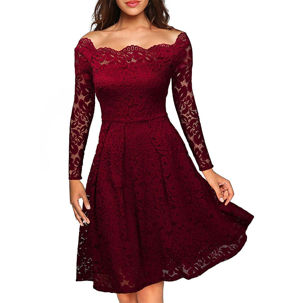 Elegant Off-Shoulder Lace Dress for Women, Vintage Floral Formal Dress for Weddings and Cocktail Parties
