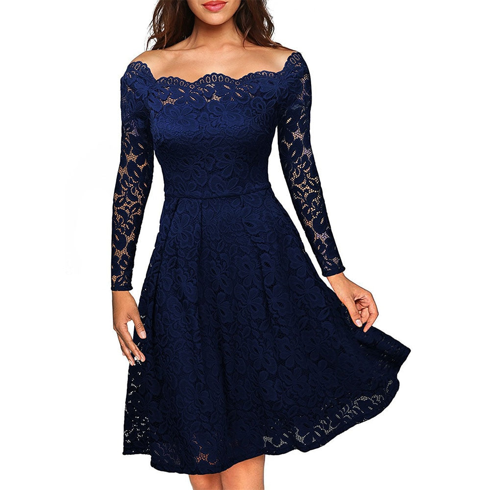 Elegant Off-Shoulder Lace Dress for Women, Vintage Floral Formal Dress for Weddings and Cocktail Parties
