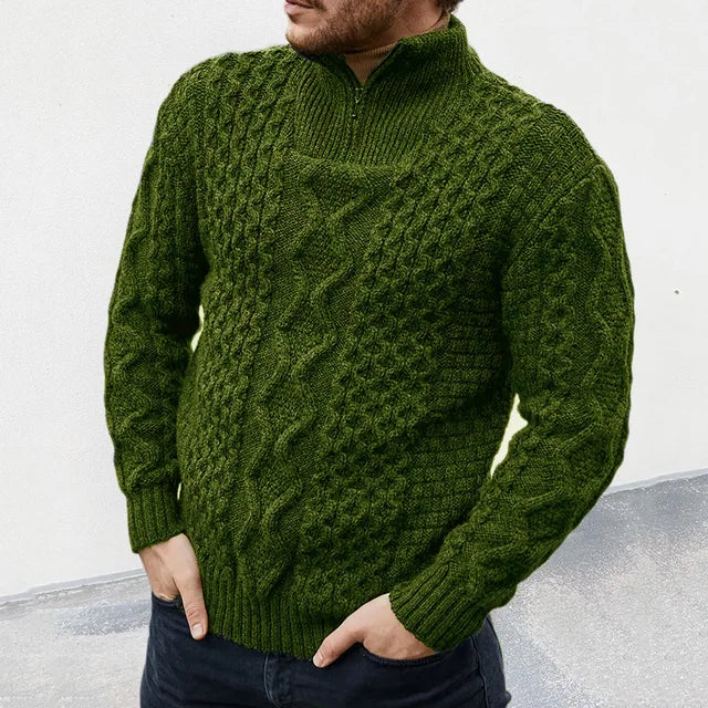 Warm Cozy Men's Half Zip Sweater - Cable Knit Wool