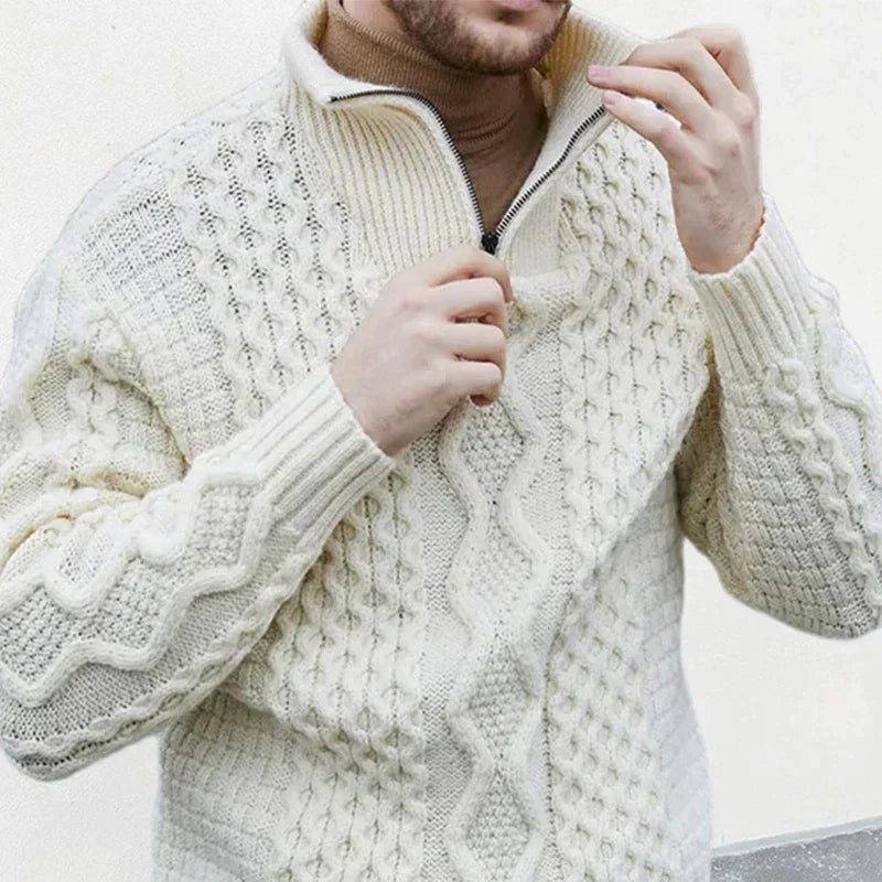 Warm Cozy Men's Half Zip Sweater - Cable Knit Wool