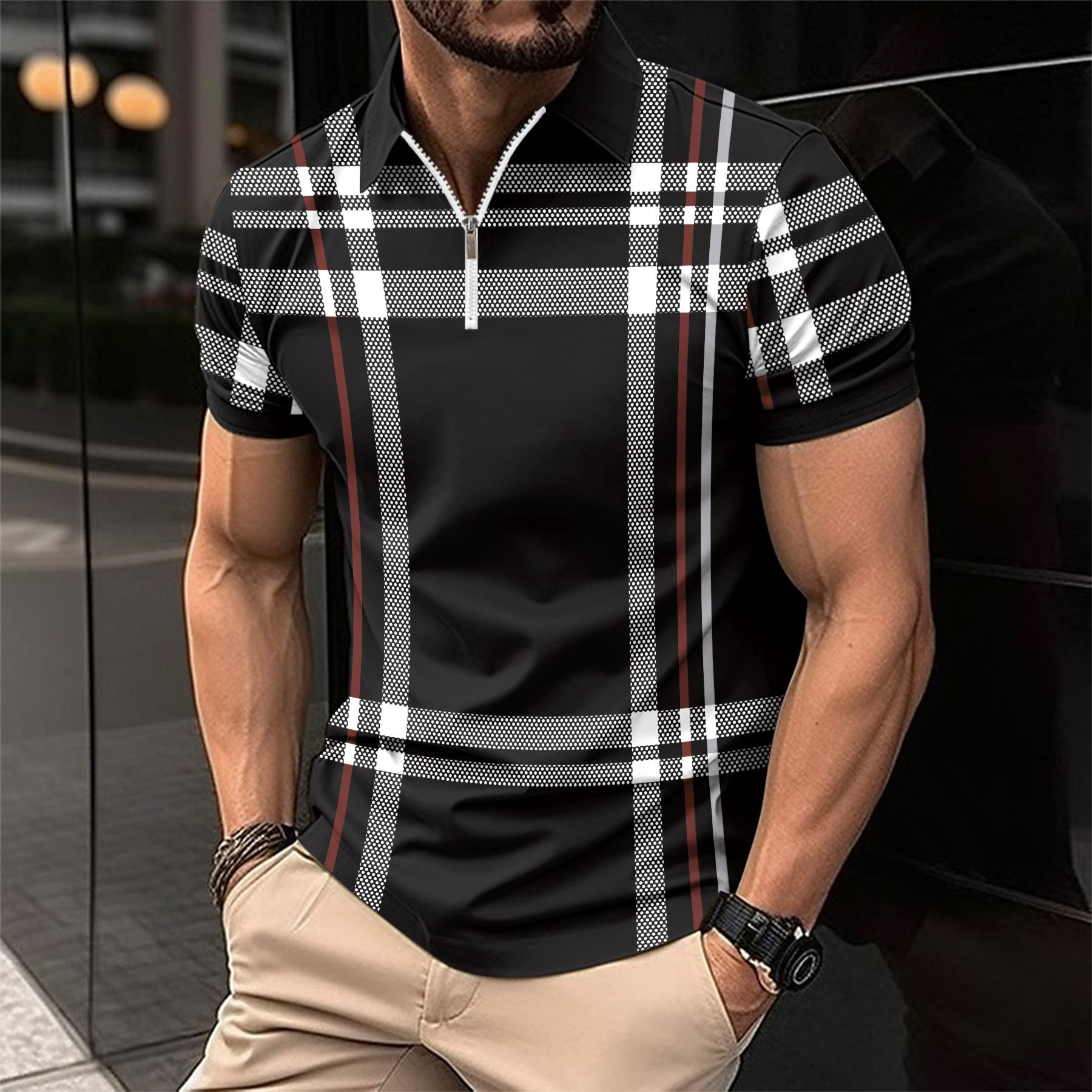 Lightweight men's polo shirt – modern checkered design, cotton, for everyday wear