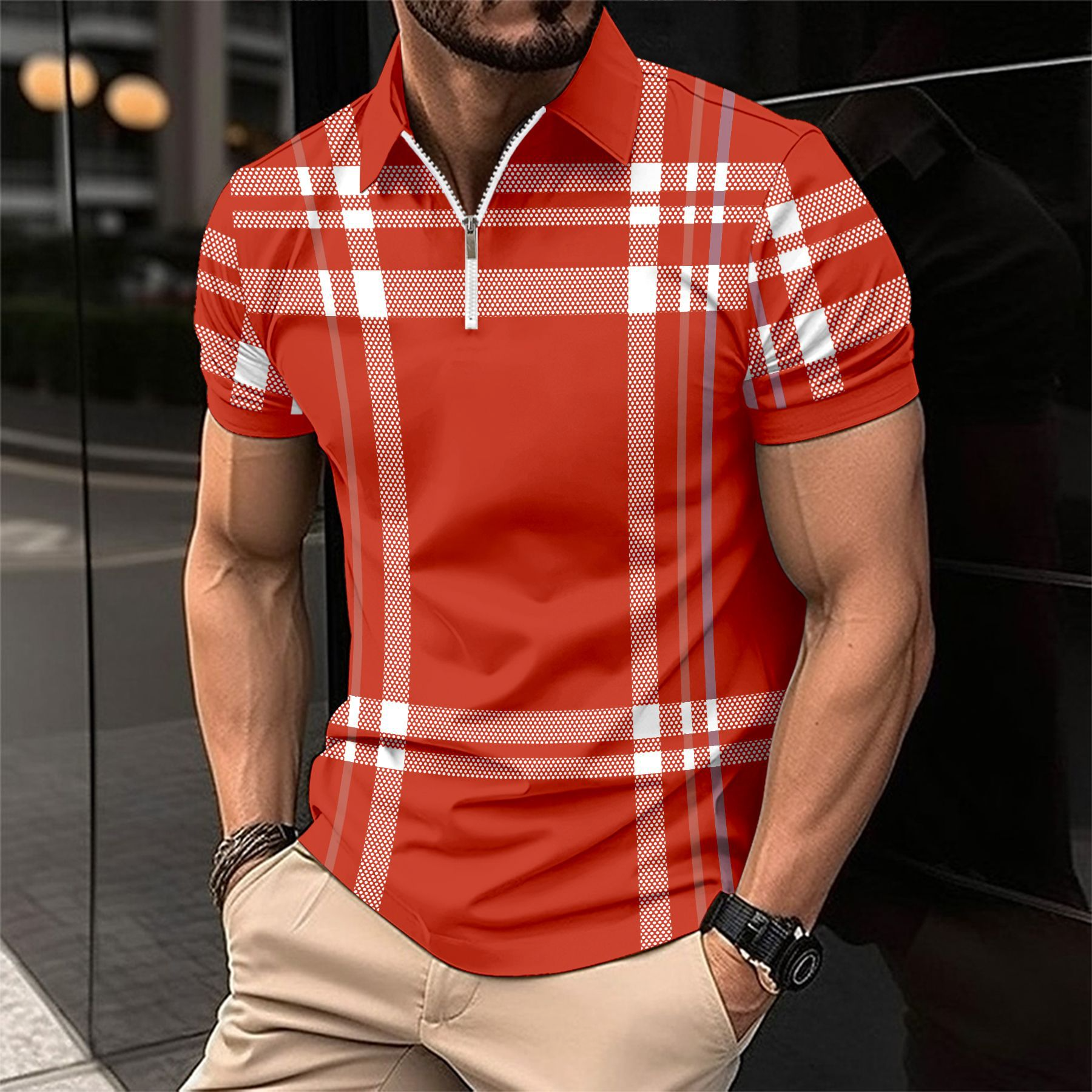 Lightweight men's polo shirt – modern checkered design, cotton, for everyday wear