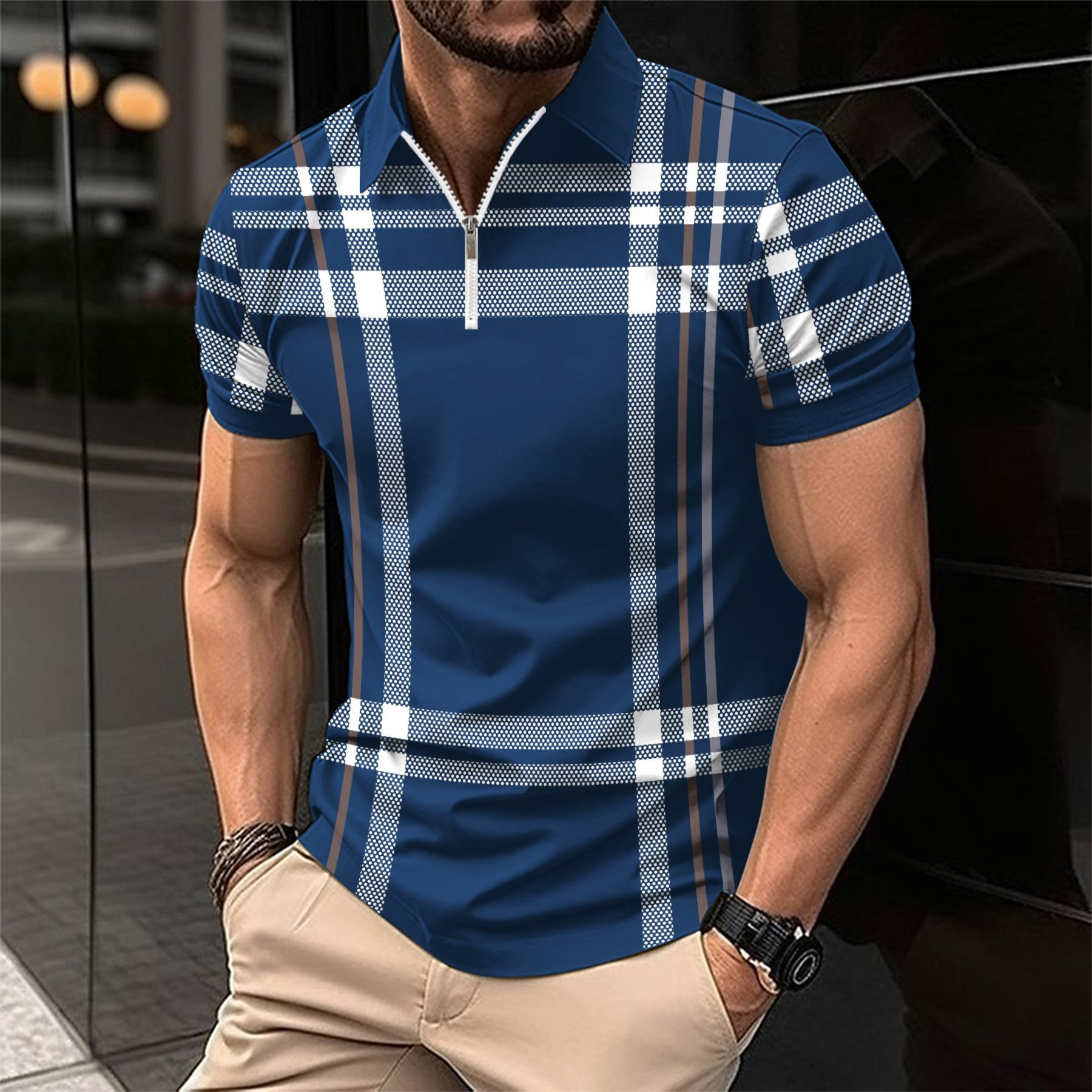 Lightweight men's polo shirt – modern checkered design, cotton, for everyday wear
