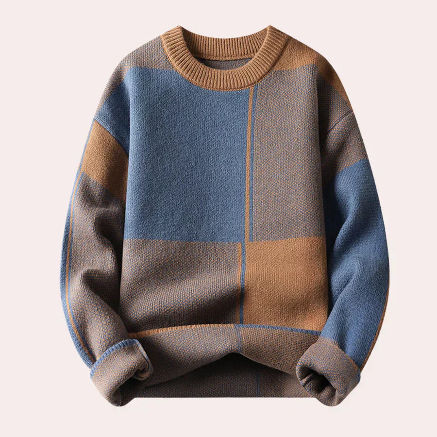 Warmer Herrenpullover – Oversized-Karo-Rundhalsausschnitt, Baumwolle
