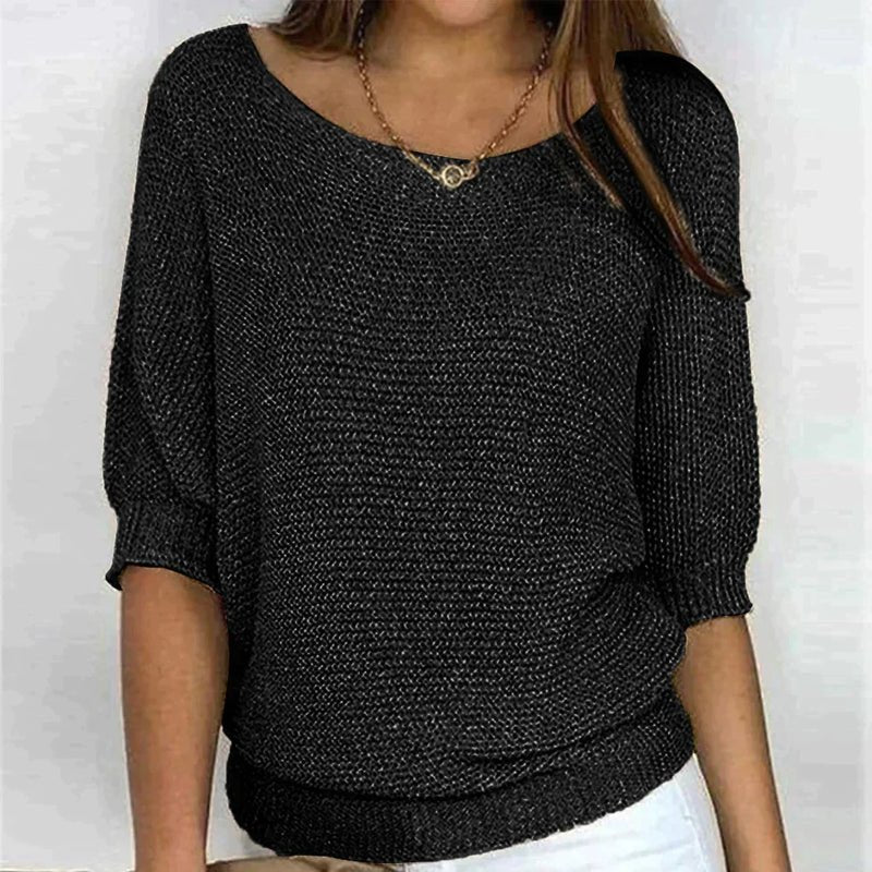 Breathable Relaxed Women Knit Pullover - Wide Neck Textured