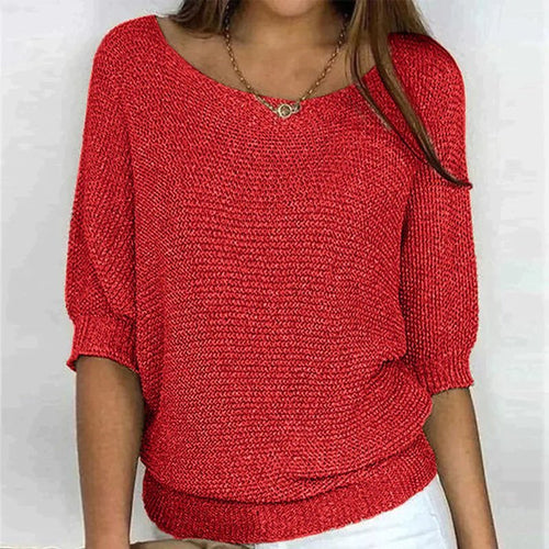 Breathable Relaxed Women Knit Pullover - Wide Neck Textured