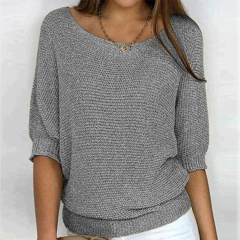 Breathable Relaxed Women Knit Pullover - Wide Neck Textured