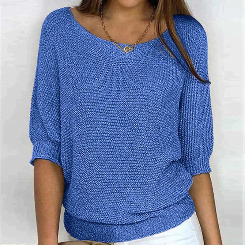 Breathable Relaxed Women Knit Pullover - Wide Neck Textured