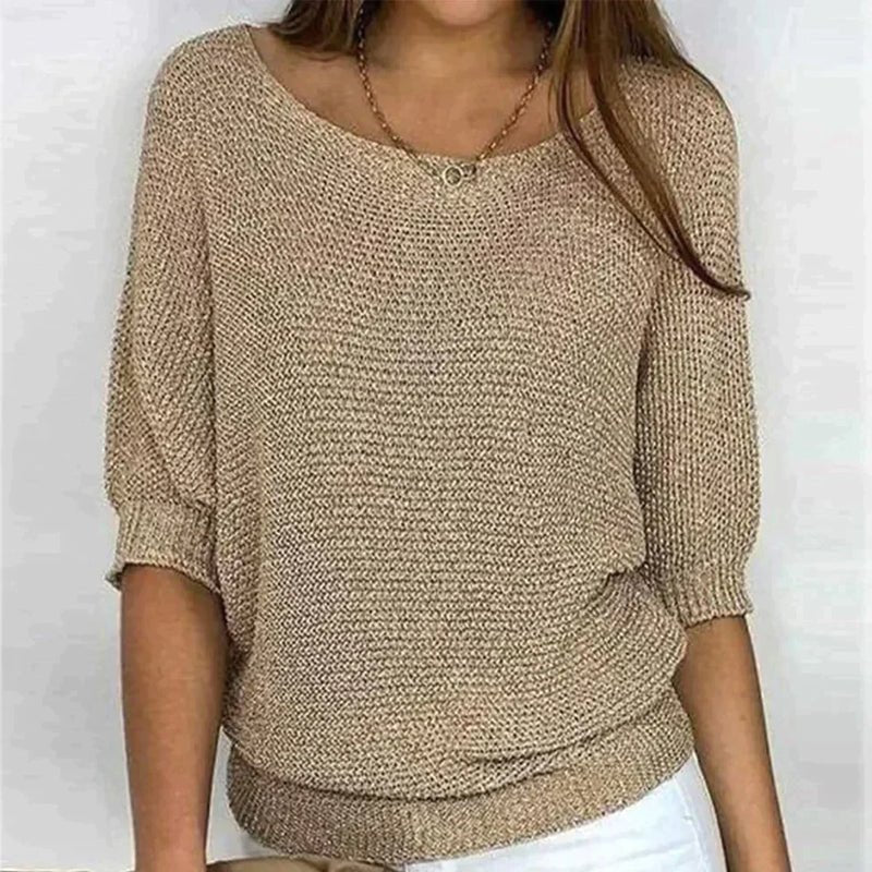 Breathable Relaxed Women Knit Pullover - Wide Neck Textured