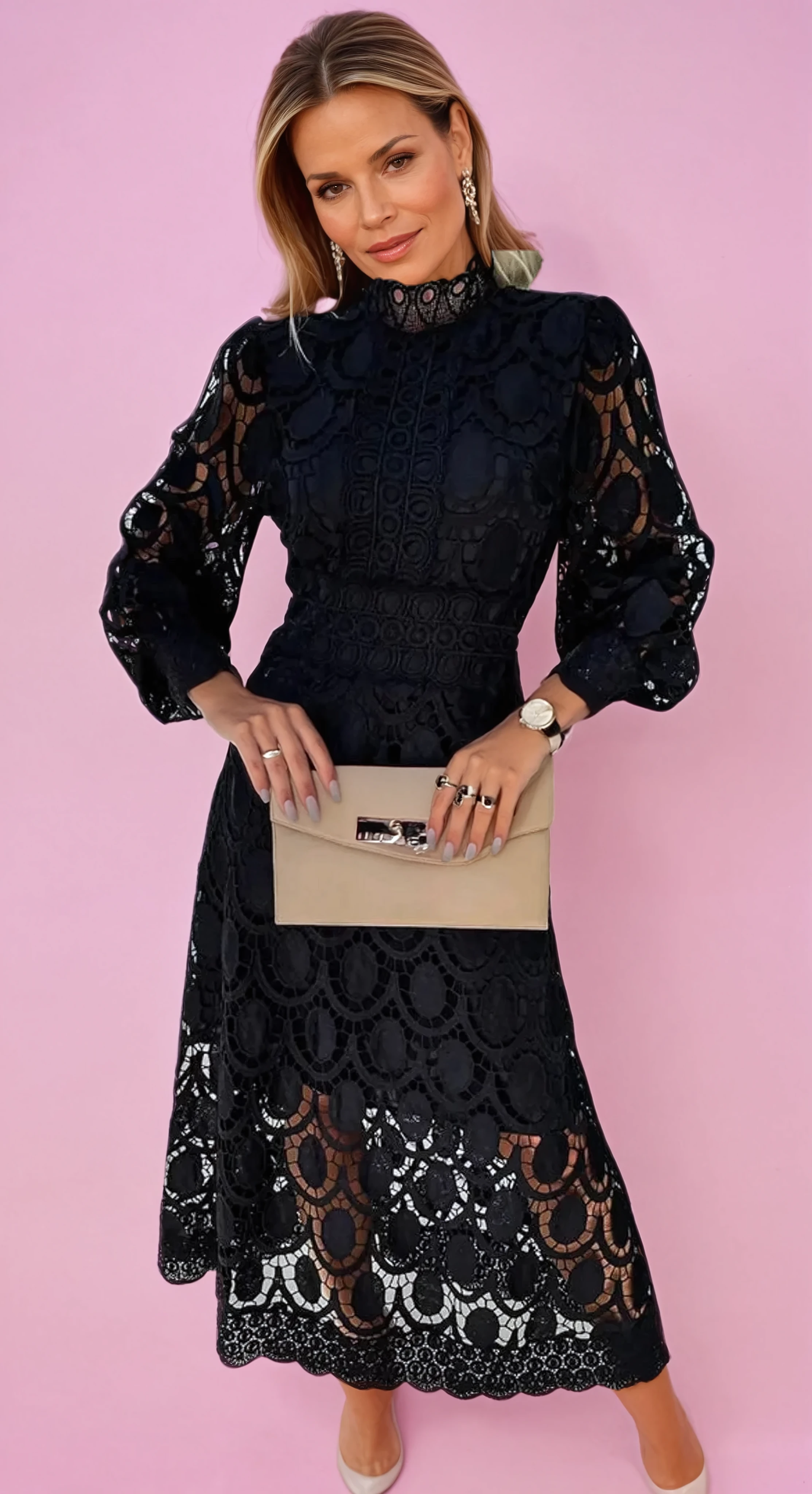 Elegant Midi Dress with Flattering Fit, Long Sleeve Design for Versatile Occasions - Perfect for Women