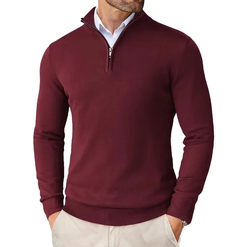 Lightweight Classic Men’s Knit Sweater - Zip Collar, Cotton