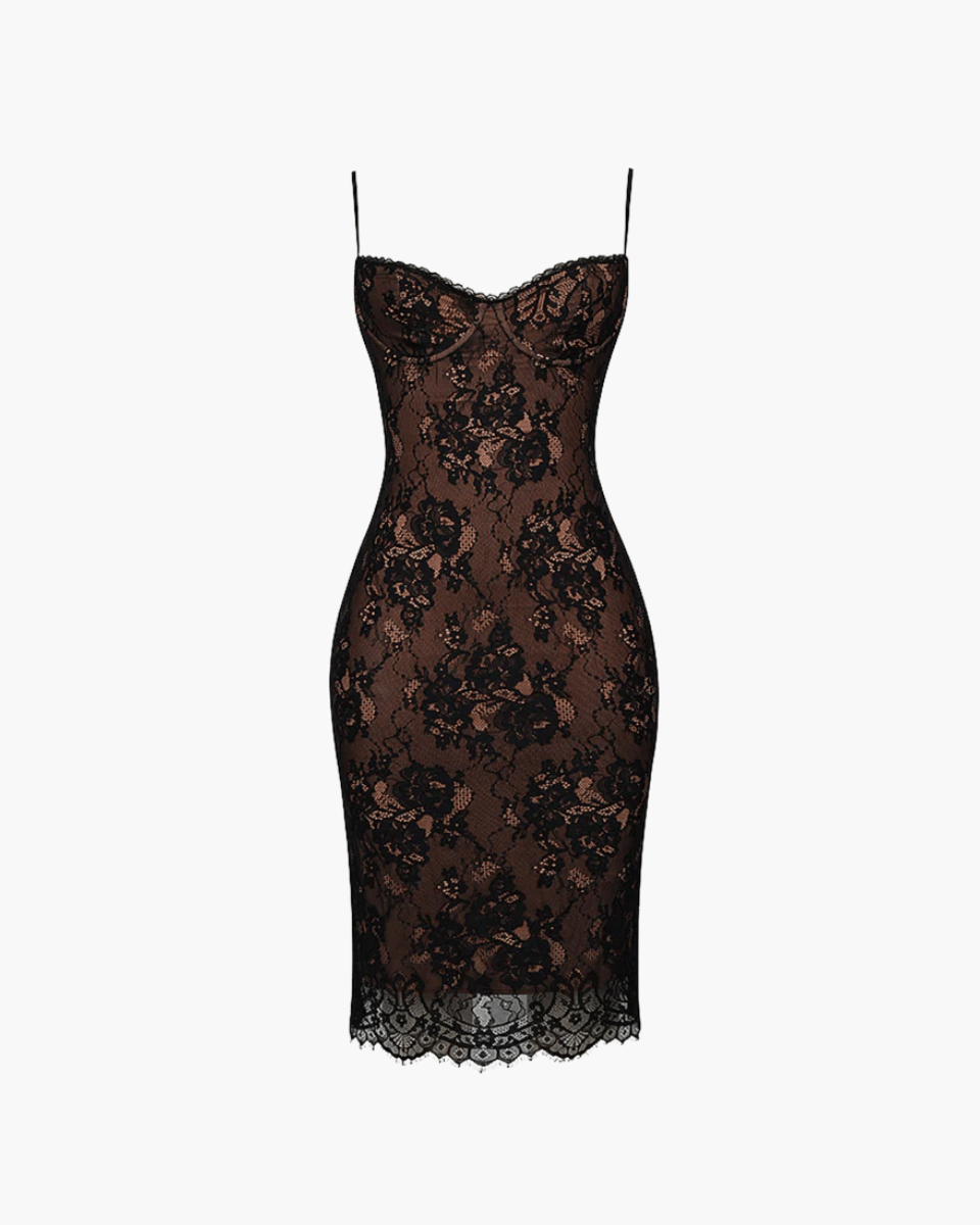 Elegant Midi Dress with Lace Overlay, Adjustable Straps, Bodycon Cocktail Dress for Wedding Guests and Formal Events