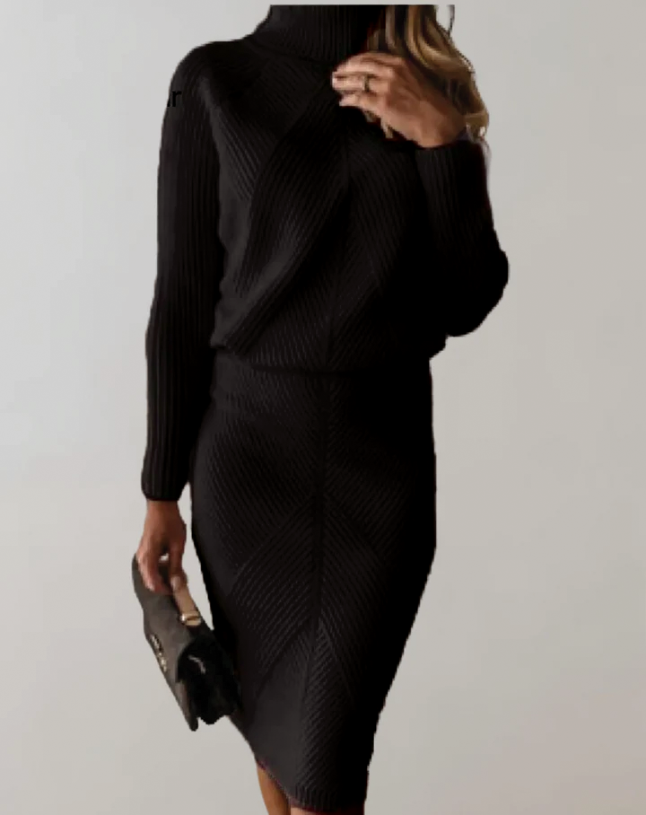 Fitted Minimalist Women Knit Set - Turtleneck Pencil Ribbed