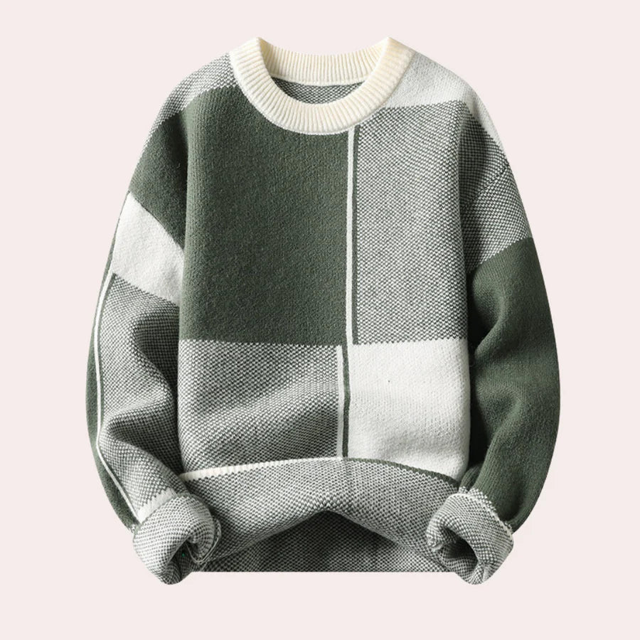 Warmer Herrenpullover – Oversized-Karo-Rundhalsausschnitt, Baumwolle