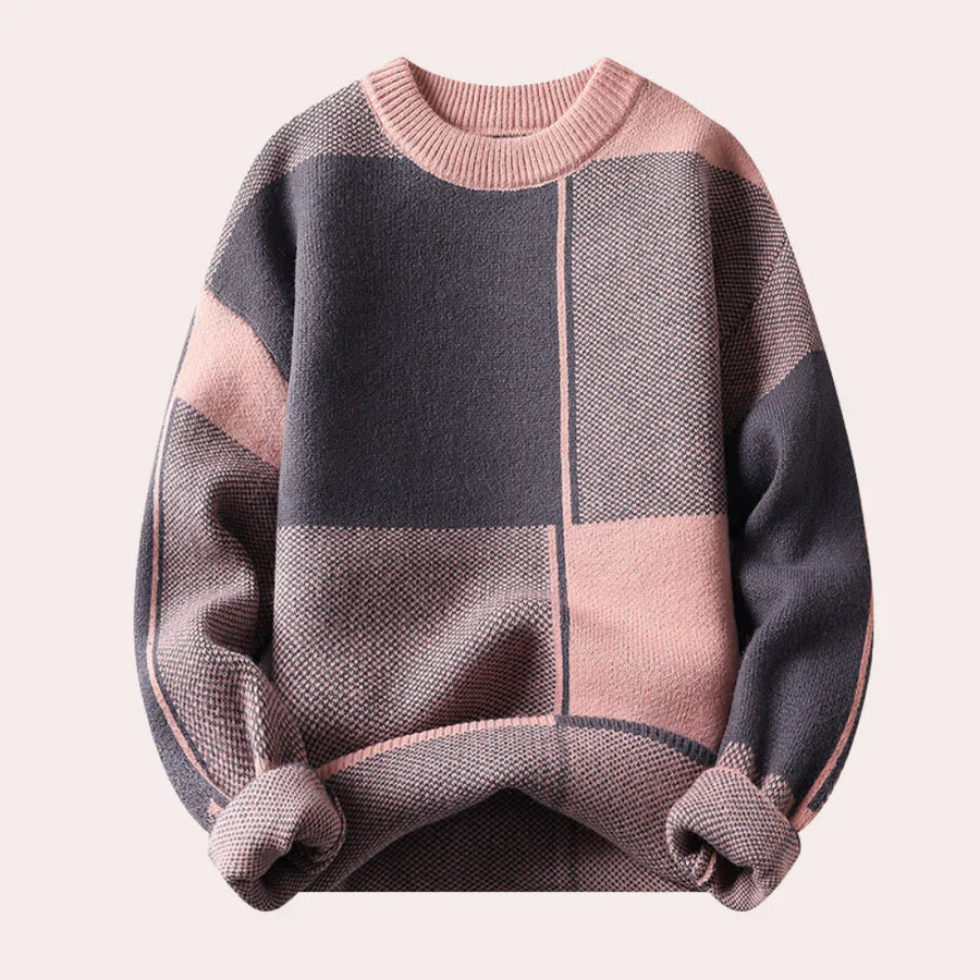 Warmer Herrenpullover – Oversized-Karo-Rundhalsausschnitt, Baumwolle