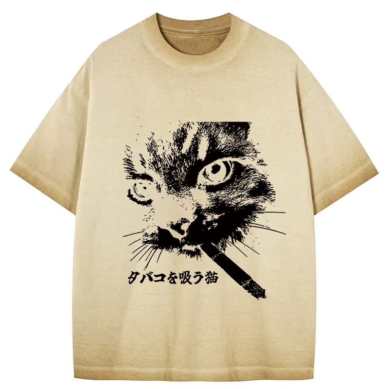 bbb Retro Cat Smoking Gradient Washed T-Shirt
