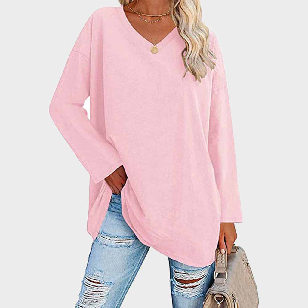 Lightweight & oversized women’s blouse – long sleeve v-neck, polyester, for summer