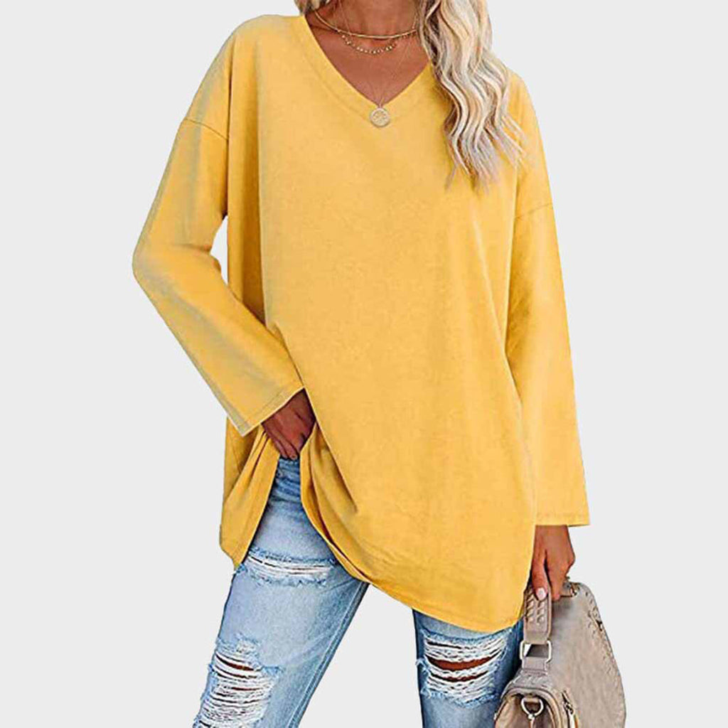 Lightweight & oversized women’s blouse – long sleeve v-neck, polyester, for summer