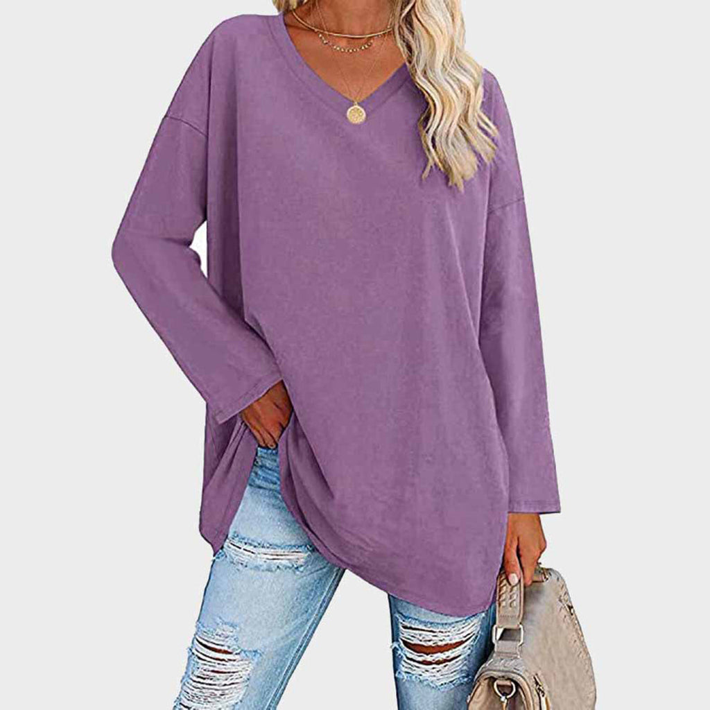 Lightweight & oversized women’s blouse – long sleeve v-neck, polyester, for summer