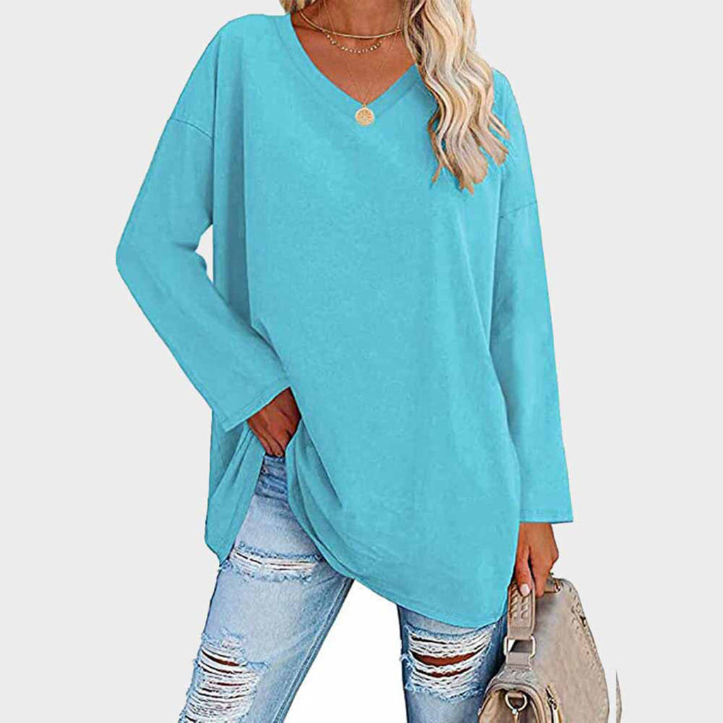 Lightweight & oversized women’s blouse – long sleeve v-neck, polyester, for summer