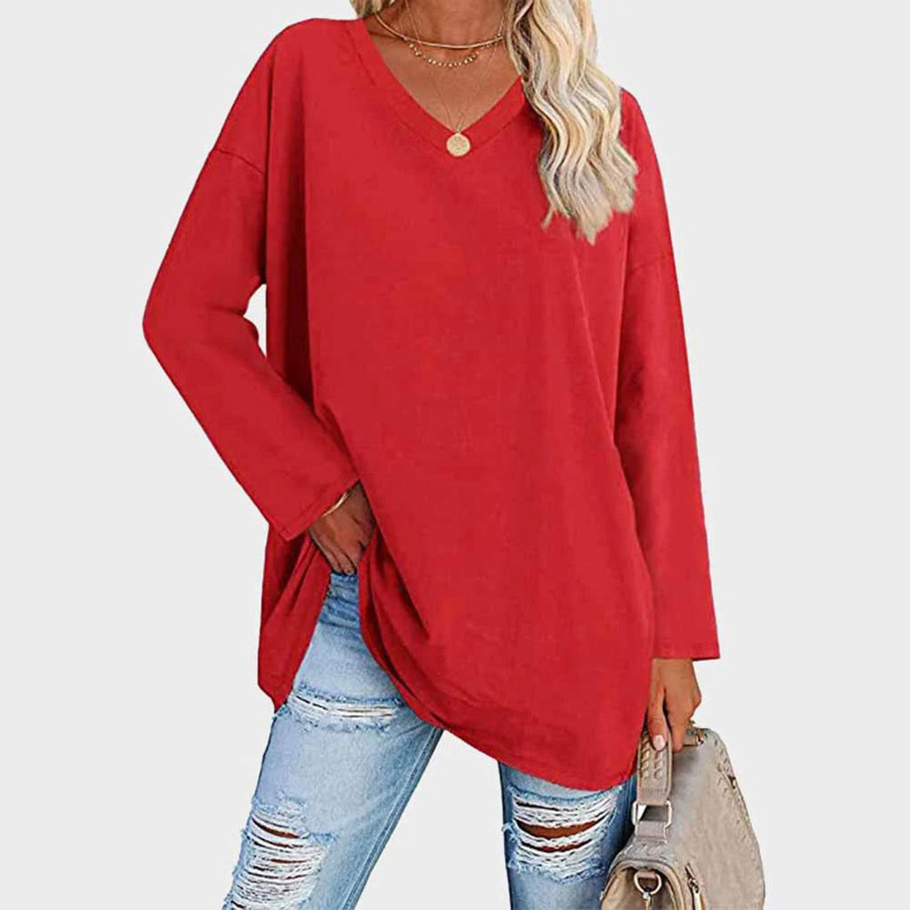 Lightweight & oversized women’s blouse – long sleeve v-neck, polyester, for summer