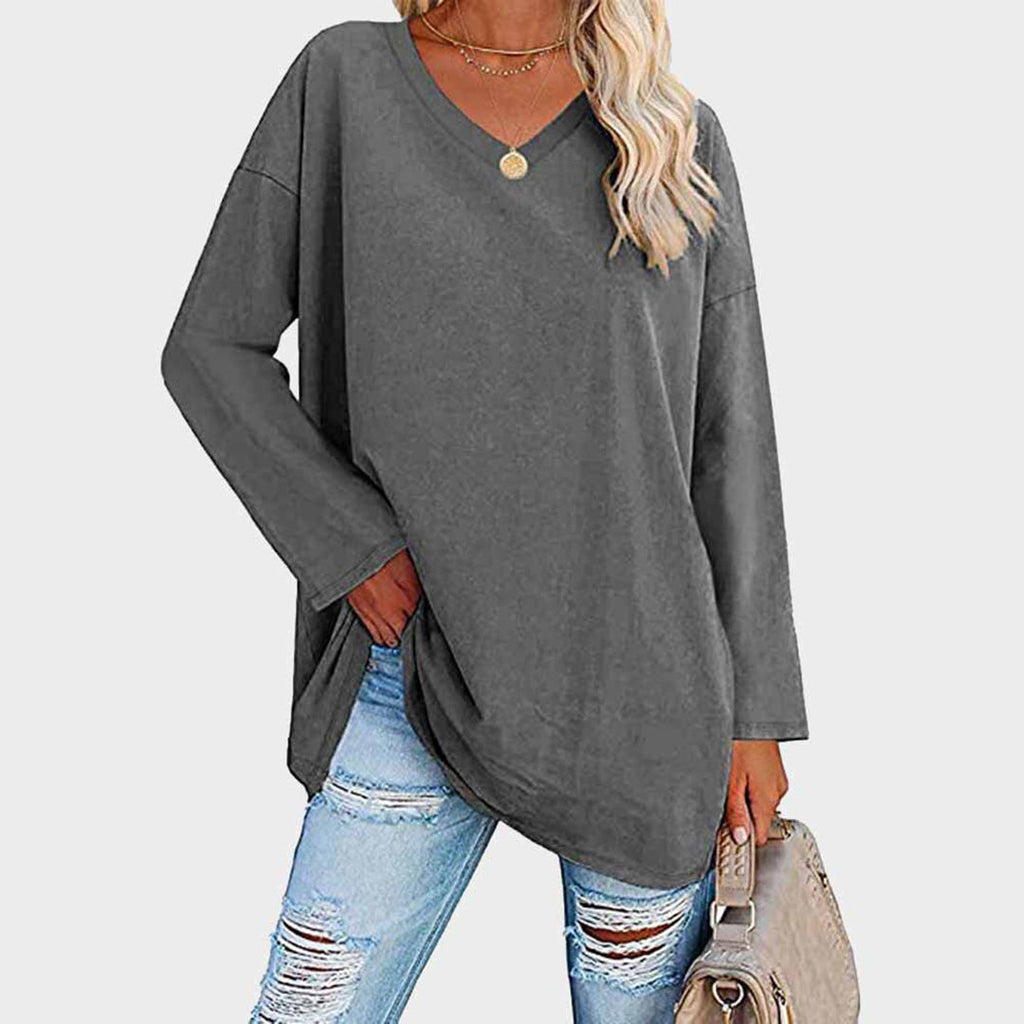 Lightweight & oversized women’s blouse – long sleeve v-neck, polyester, for summer