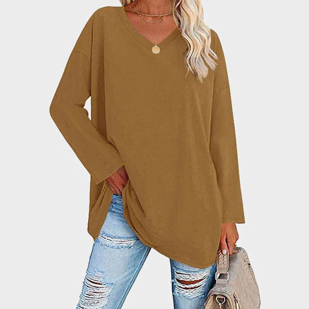 Lightweight & oversized women’s blouse – long sleeve v-neck, polyester, for summer