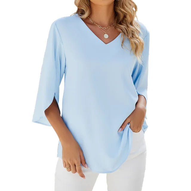 Lightweight & Flattering women’s blouse – V-neck, breathable material, for summer