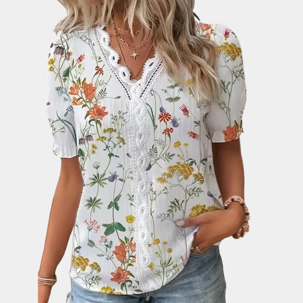 Lightweight & Flattering Women’s Blouse – Floral Lace Trim, Breathable Fabric, for Summer Outings