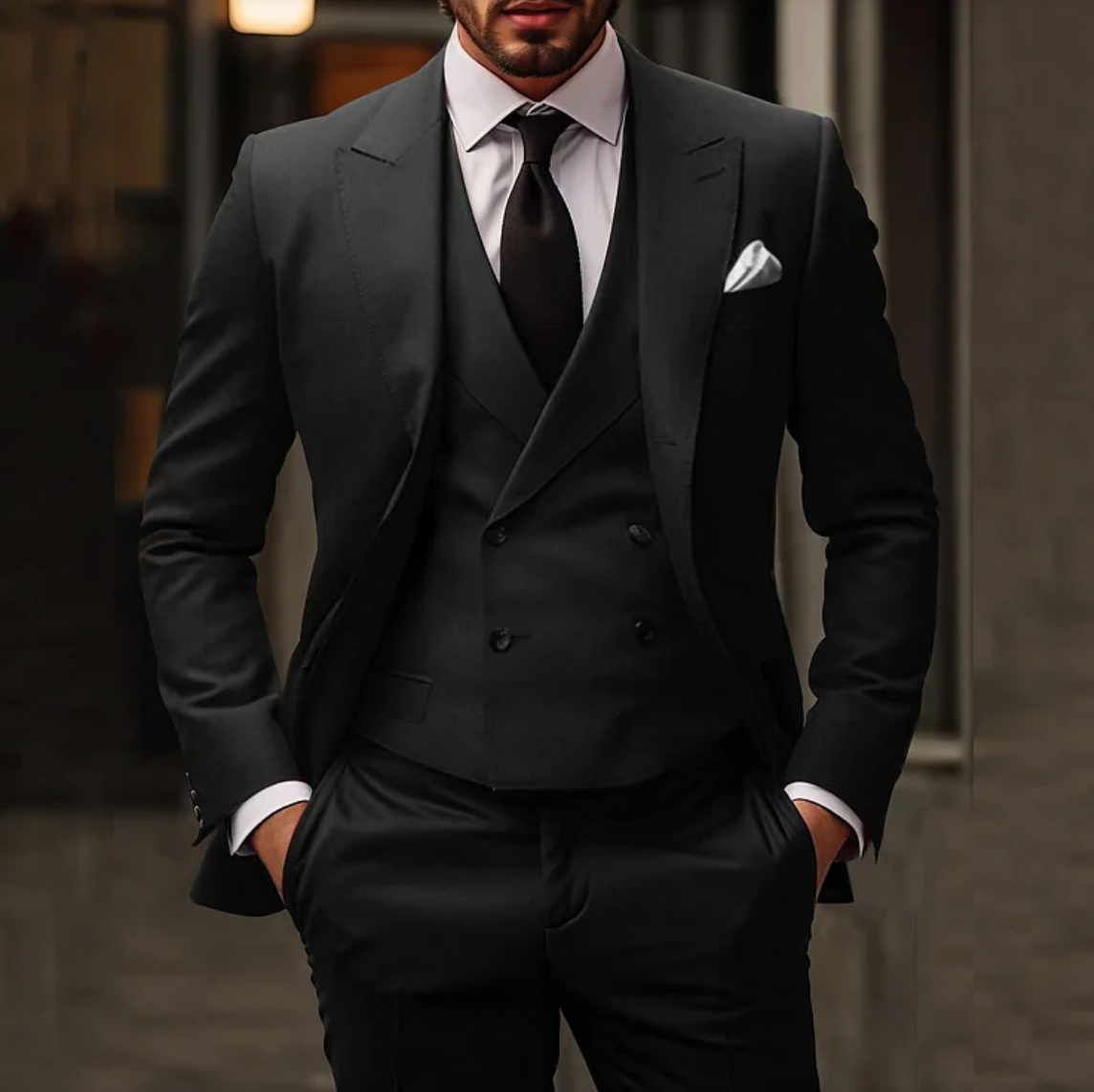 Lightweight men’s 3-piece suit – tailored blazer, refined vest, matching trousers, for weddings and formal events