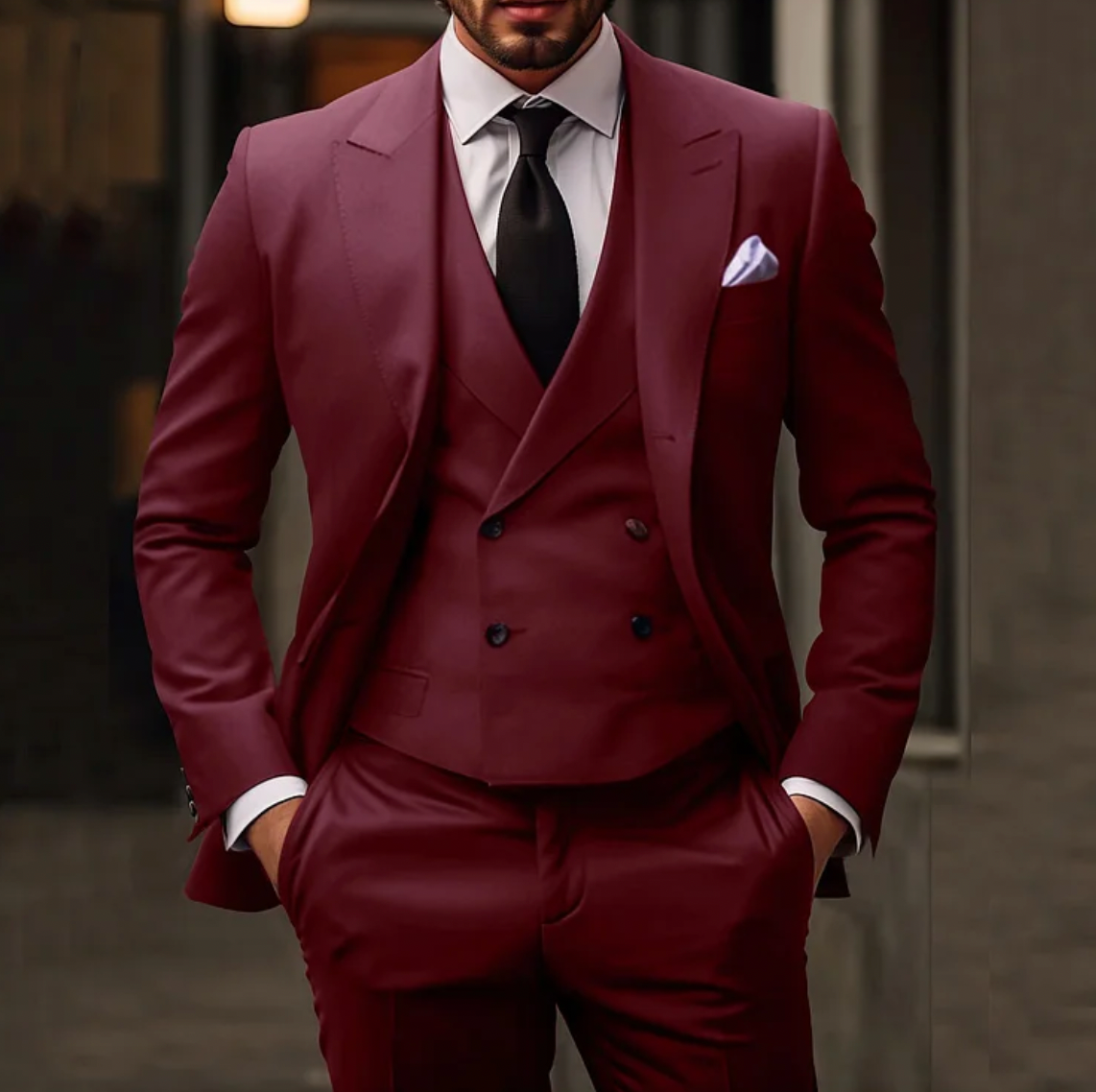 Lightweight men’s 3-piece suit – tailored blazer, refined vest, matching trousers, for weddings and formal events