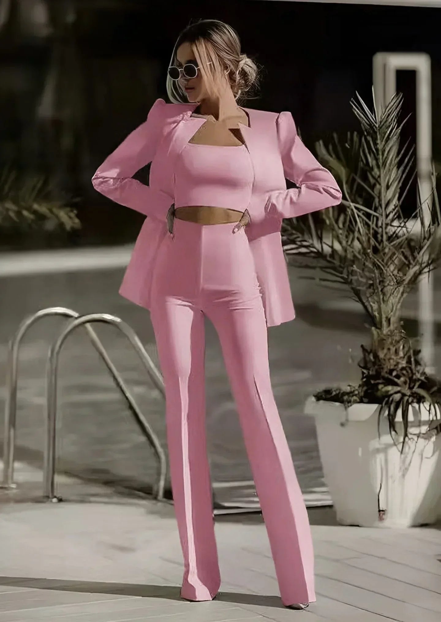 Lightweight women's suit set – tailored blazer, stylish top, fitted trousers, for office or evening events