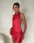 Hot Pink Women's Cocktail Dress with Deep Cowl Neckline and Low Back, Fitted Mini Dress with Silk Rose Embellishment