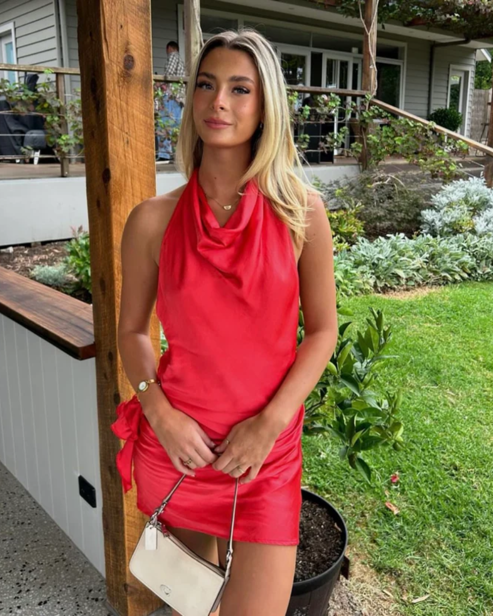 Hot Pink Women's Cocktail Dress with Deep Cowl Neckline and Low Back, Fitted Mini Dress with Silk Rose Embellishment