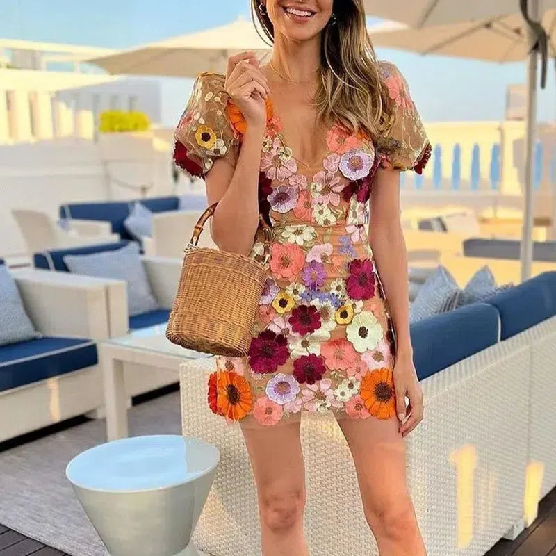 Floral Mini Dress for Women with Deep V-Neckline and Puff Sleeves, Perfect Summer Wedding Guest Dress in Multi-Color