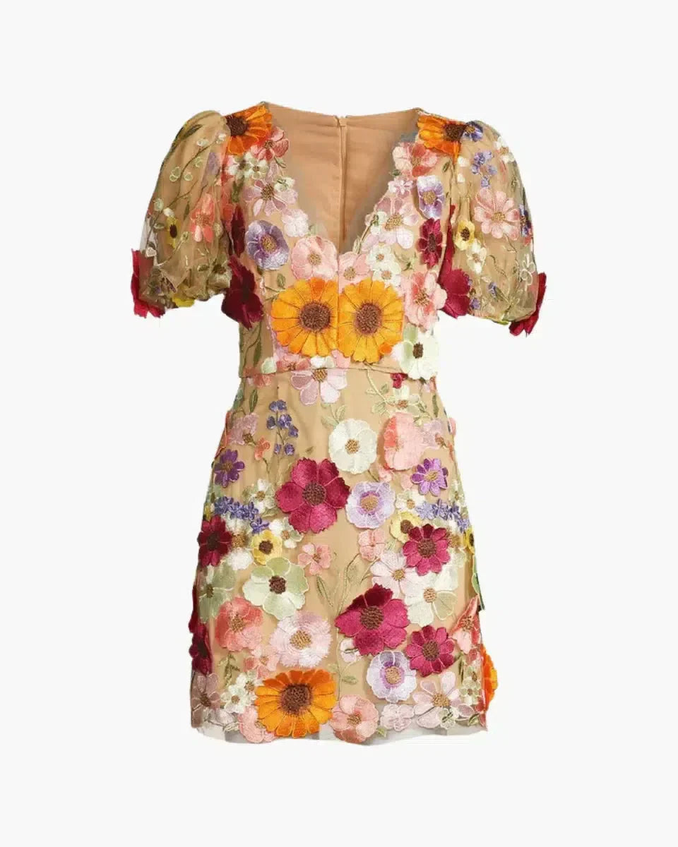 Floral Mini Dress for Women with Deep V-Neckline and Puff Sleeves, Perfect Summer Wedding Guest Dress in Multi-Color