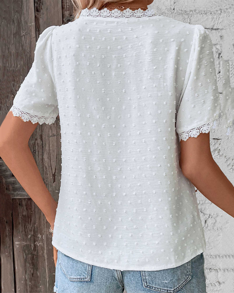 Lightweight & flattering women’s blouse – V-neck with lace accents, cotton blend, for everyday wear