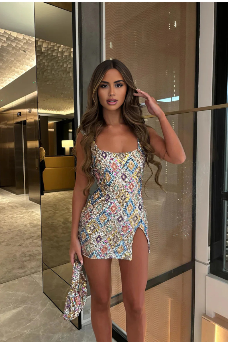 Multicolor Sequin Mini Dress with Bodycon Fit, Thigh-High Slit, Square Neckline, Sleeveless Design