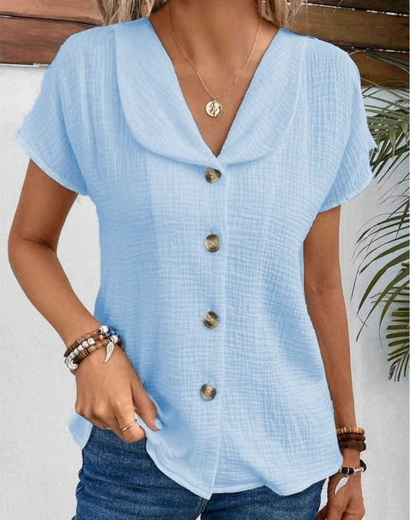 Chic Women's Blouse, Relaxed Fit Summer Top with Button-Down Design and Short Sleeves, Breathable Fabric
