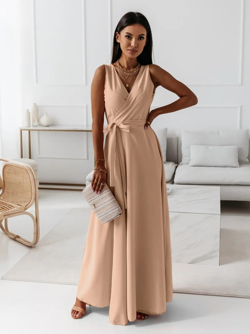 Elegant Women's Maxi Dress with V Neckline - Versatile Long Formal Dress for All Occasions