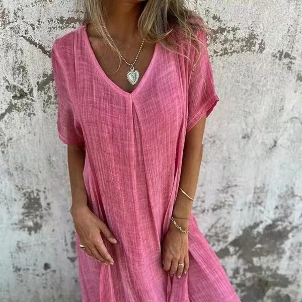 Casual Women's Summer Dress in Cotton-Linen Blend with V-Neck and Relaxed Fit, Available in Multiple Colors and Sizes
