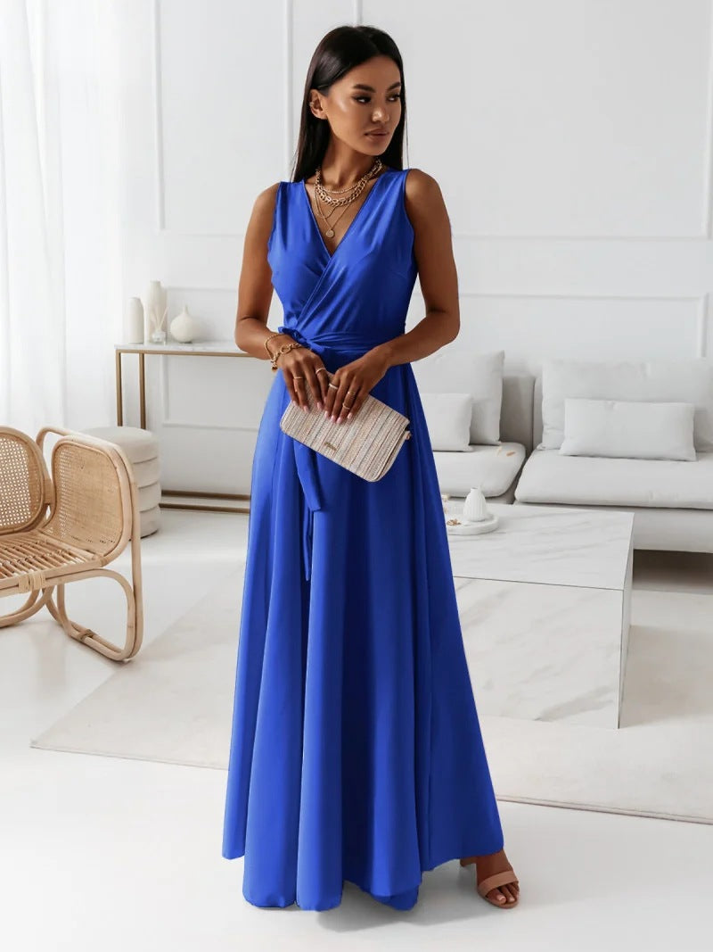 Elegant Women's Maxi Dress with V Neckline - Versatile Long Formal Dress for All Occasions